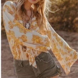 Free People Yellow and Cream Floral Bodysuit